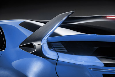 Rear end detail of a blue concept sports car